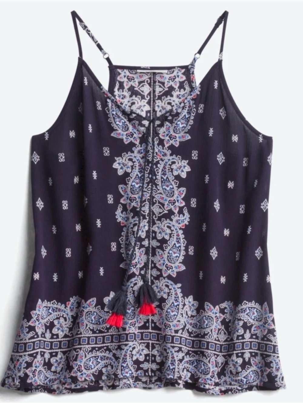 LUQ Rachell tie detail boho paisley  tassel cami tank top